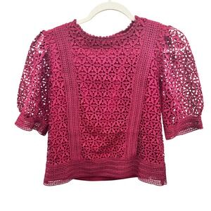 Ultra Pink Women Burgundy Maroon Floral Lace Puff Sleeve Top S Coquette Feminine